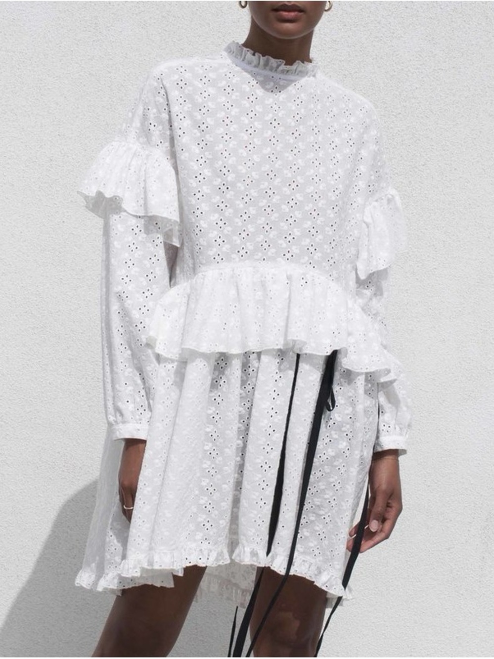 Sandy Liang White Eyelet Mini Dress with Black Ribbon Ties